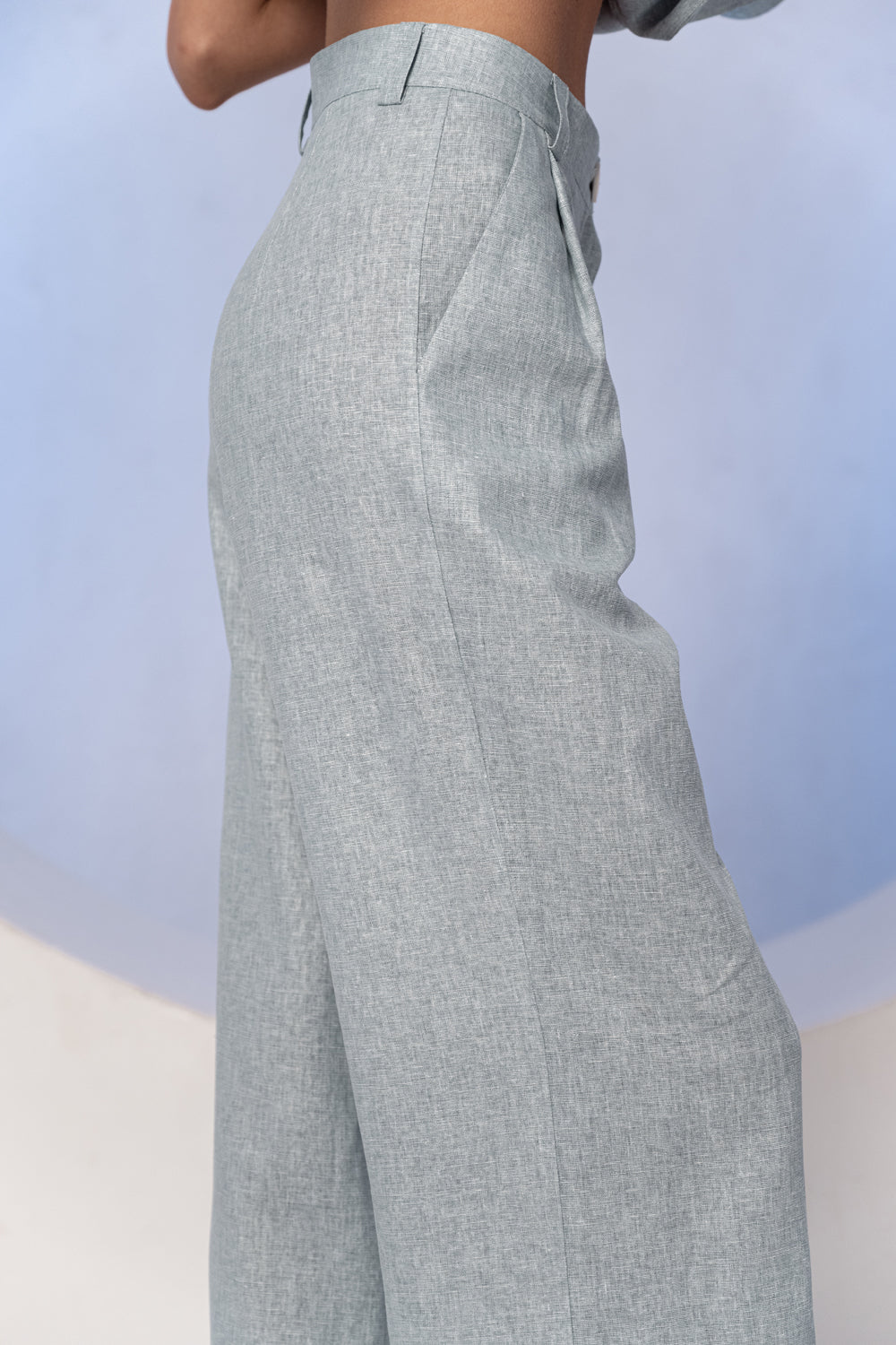 Gray-blue wide linen trousers with a belt