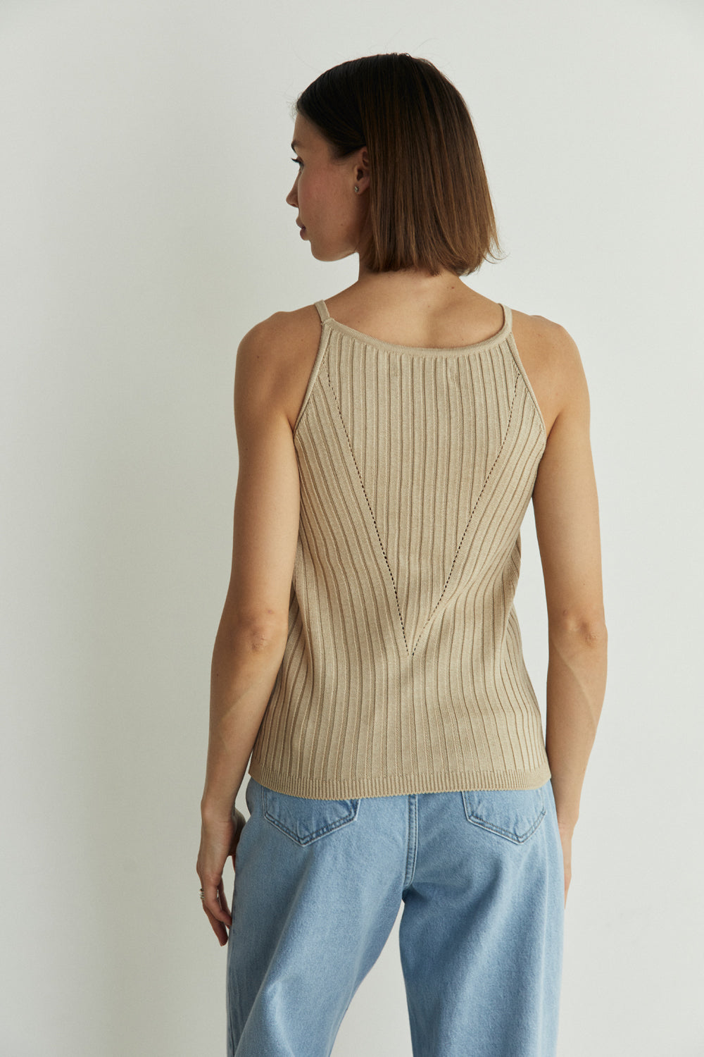 Beige knitted summer tank top with thin straps