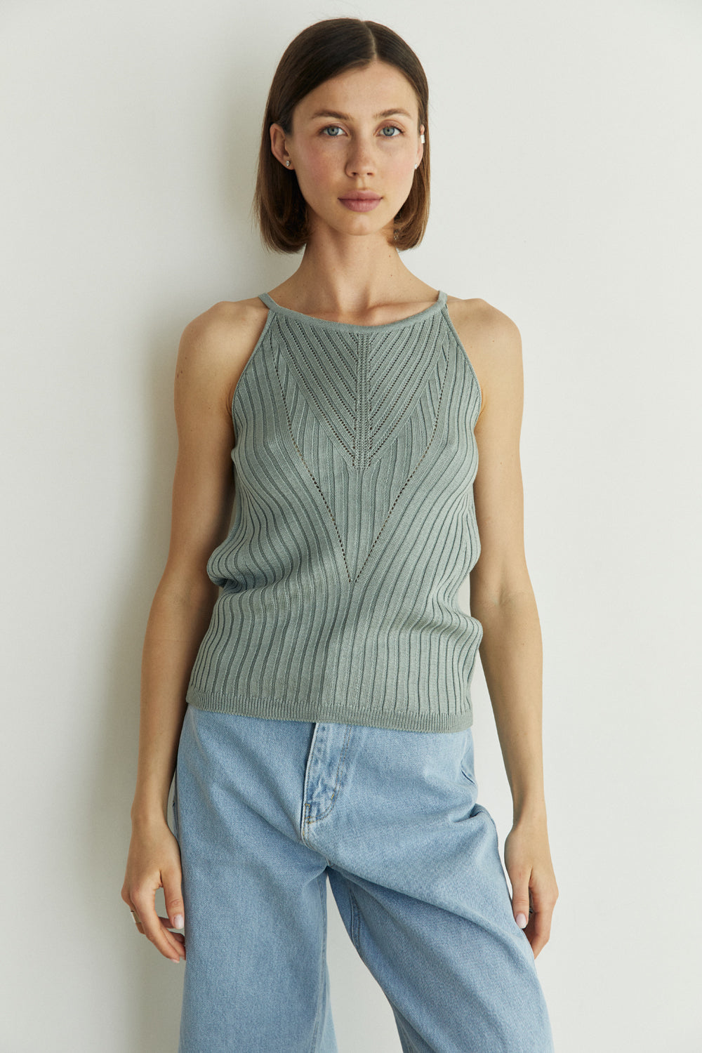 Olive knitted summer tank top with thin straps