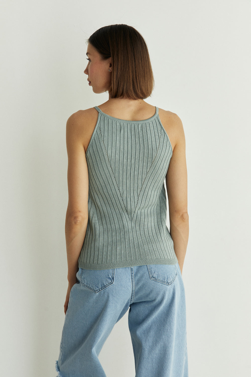 Olive knitted summer tank top with thin straps