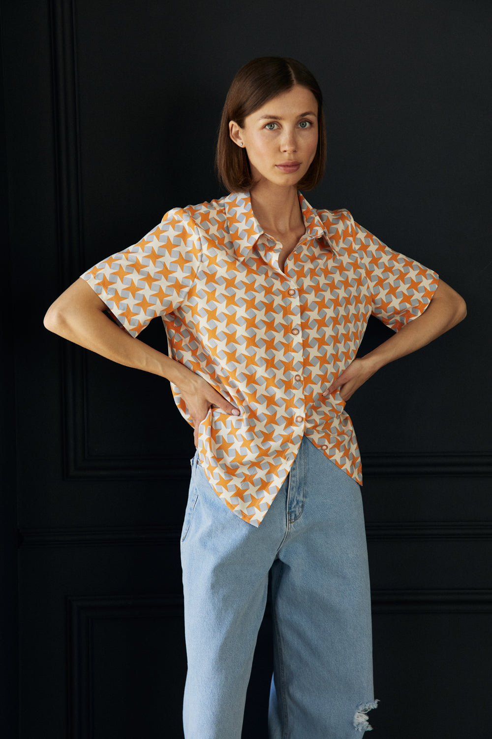 Orange loose fit short sleeve blouse