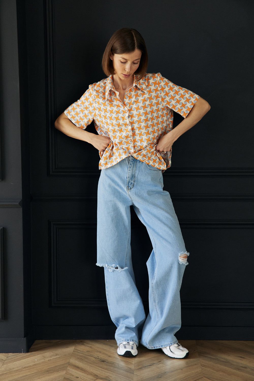 Orange loose fit short sleeve blouse