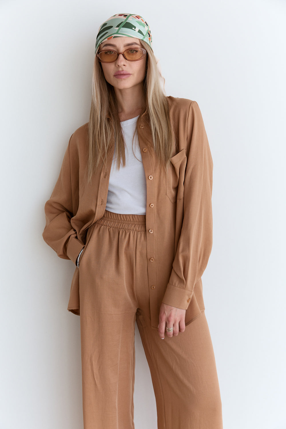 Caramel-colored loose-fitting blouse