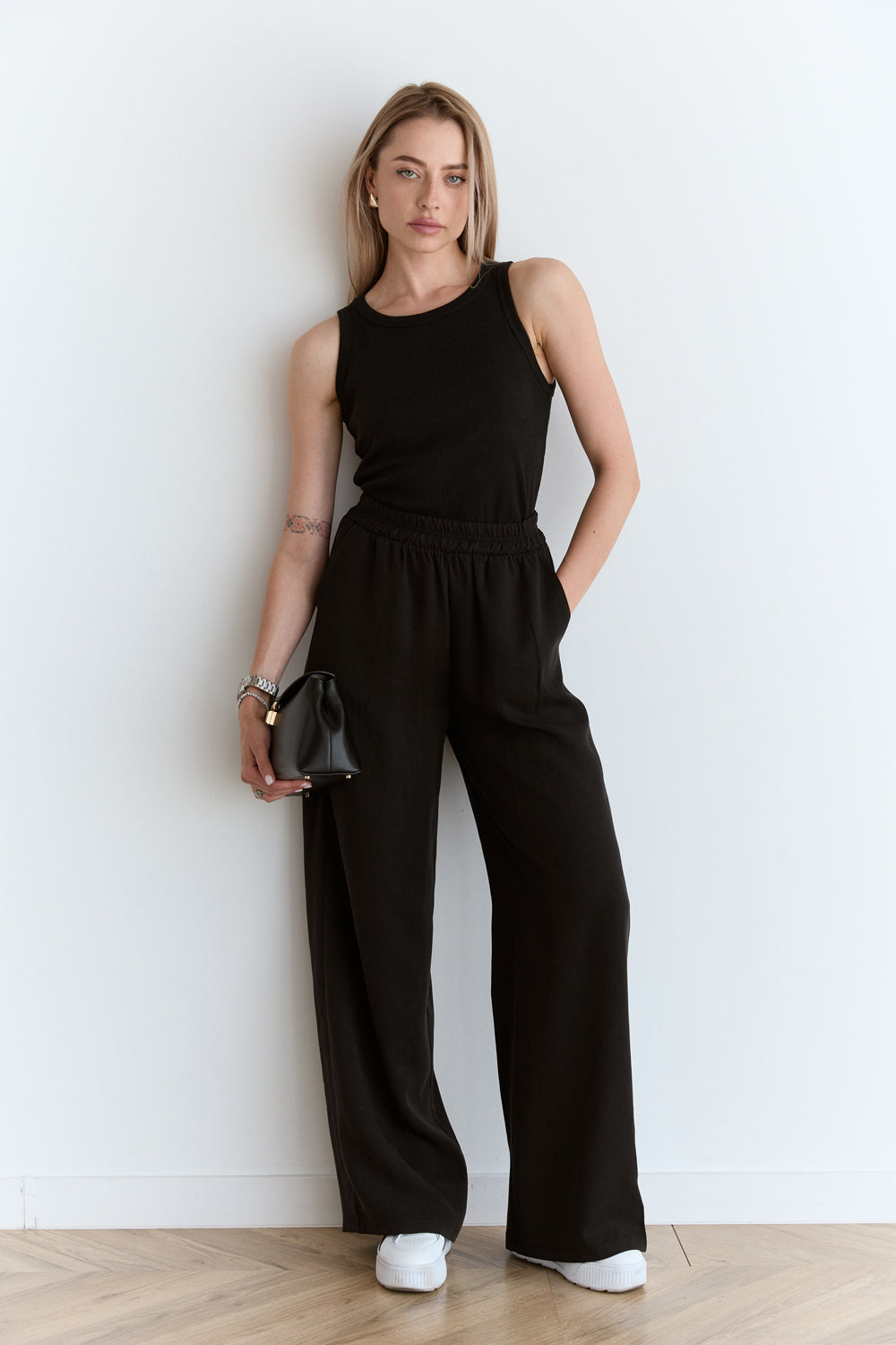 Black wide leg trousers with elastic waistband