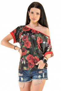 Red loose-fitting tunic-blouse with Red print Красный