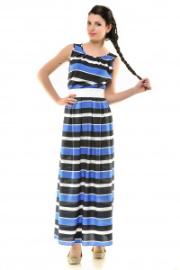 A long, fitted, electric blue striped dress. Electrician Электрик