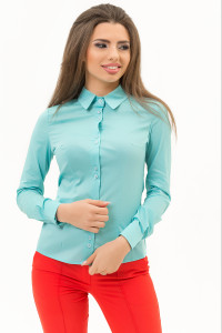 Fitted women's office blouse made of turquoise cotton. Turquoise. Бирюзовый