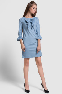 Blaues Wildleder-Midikleid mit ¾-Ärmeln und Volants . Blau . Голубой