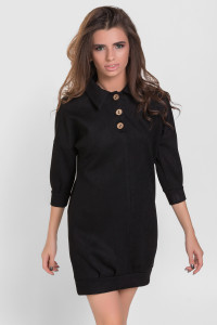 Black short dress made of suede-like knit fabric with a Black collar Черный