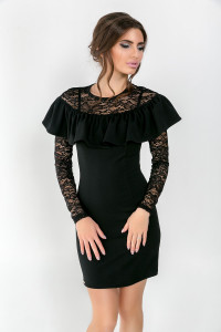 Black fitted short Evening dress with guipure sleeves Черный