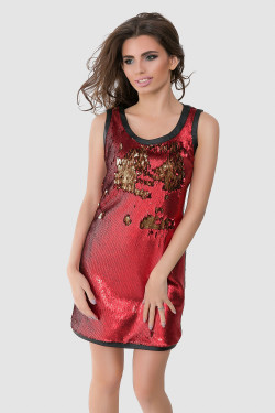 Abito da sera rosso in ecopelle con paillettes reversibili . Rosso.