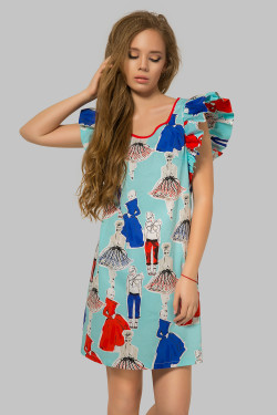 Robe unie en coton, couleur menthe, avec des manches à volants. Menthe