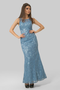 Long evening dress made of grey-blue guipure in the style of Ro. Gray-blue. Серо-голубой