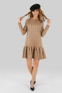 Long-Sleeved Plaid Suede A -Line Dress Cell Клетка