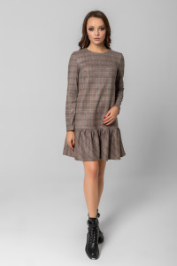 Grey Suede A-Line Plaid Dress with Long Sleeves Серый