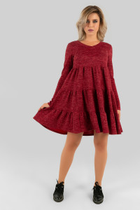 Burgundy short angora A-line dress with V-neck Бордовый