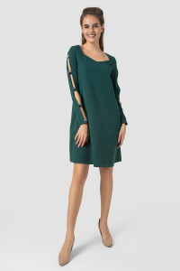 Dark Dark green midi A-line casual dress with long sleeves Темно-зеленый