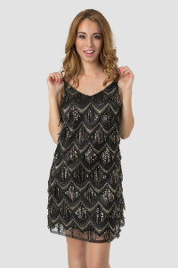 Black sequined A-line mini evening dress with straps Черный