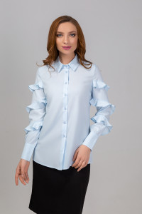 Blue viscose blouse with ruffles on the sleeves for summer. Blue. Голубой