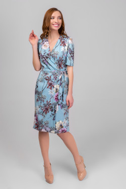 Blue knee - length wrap dress with floral print