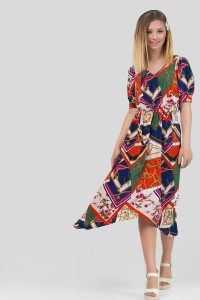 Asymmetrical blue midi dress made of soft fabric with puff sleeves Blue Синий