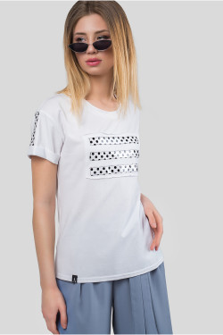 White oversized cotton T-shirt with polka dot inserts