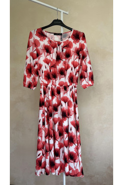 Red midi dress in crepe chiffon with a Red print