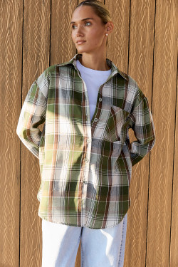 Зеленая котоновая рубашка оверсайз в клетку с длинным рукавом Зеленый