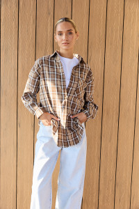 Коричневая рубашка оверсайз из коттона с длинным рукавом Коричневый Коричневый