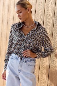 Синяя шелковая блузка для офиса свободного кроя с воротником Синий Синий