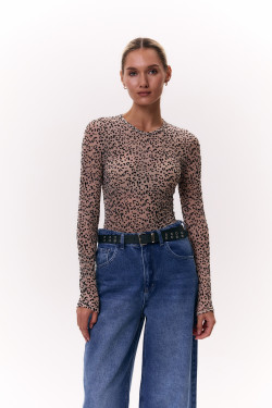 Вечернее боди из сетки с флоковым рисунком бежевое Бежевый