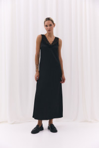 Атласное вечернее платье миди с кружевом черное Черный Черный