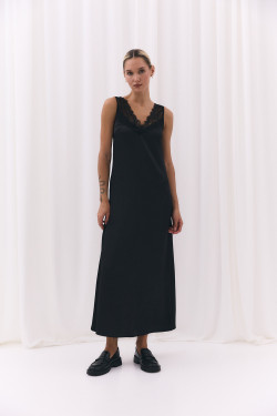 Атласное вечернее платье миди с кружевом черное Черный