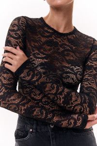 Вечернее гипюровое боди с длинным рукавом в черном цвете Черный Черный