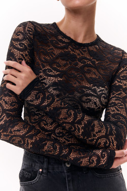 Вечернее гипюровое боди с длинным рукавом в черном цвете Черный