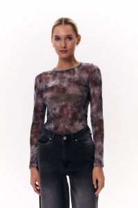 Серый лонгслив из полупрозрачной сетки с длинным рукавом Серый