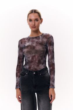 Серый лонгслив из полупрозрачной сетки с длинным рукавом