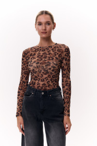 Бежевый боди из сетки с длинными рукавами приталенного кроя Бежевый