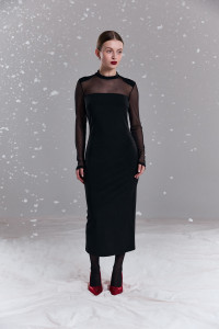 Вечернее черное платье миди с сетчатыми вставками и воротником- Черный Черный