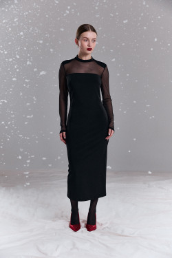 Вечернее черное платье миди с сетчатыми вставками и воротником- Черный