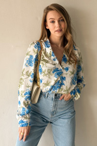 Blue silk long-sleeved shirt with a stand Blue collar Голубой