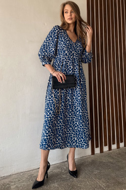 Blue midi business dress made of soft fabric with a V Blue