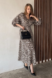 Loose-fitting midi dress made of staple fabric with puffed sleeves in mocha color Мокко