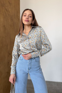Blue satin long - sleeved office blouse Голубой