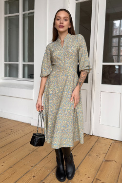 Blue fitted midi dress with a stand Blue collar