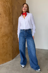 Women's white basic cotton long - sleeved shirt Белый