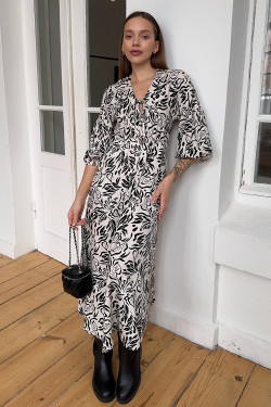 Beige midi dress made of staple fabric with a V-neck and ties. Beige.