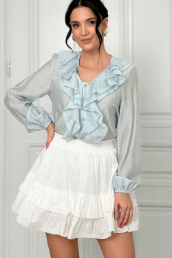 Stijlvolle blauwe damesblouse met ruches van tencel . Blauw .