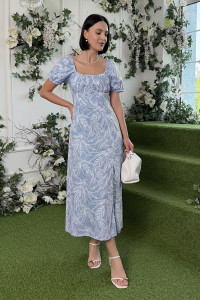 Wieczorowy sukienka wieczorowa midi z bawełny z bufiastymi rękawami. Kolor Niebieski. Голубой