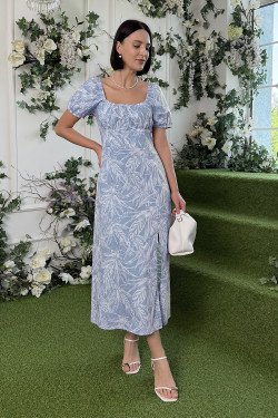 Wieczorowy sukienka wieczorowa midi z bawełny z bufiastymi rękawami. Kolor Niebieski.